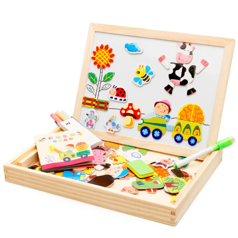 Wooden Magnetic Drawing Board & Animal Puzzle Learning Toy
