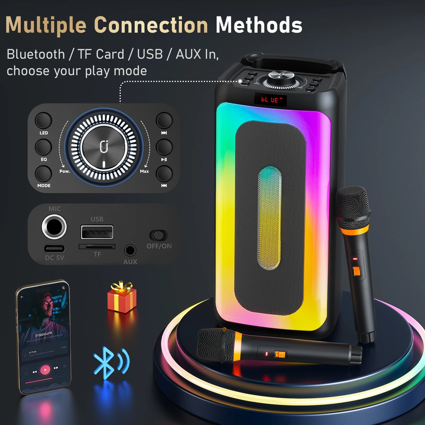 T25 Bluetooth Karaoke Machine with RGB Lights & Wireless Microphone