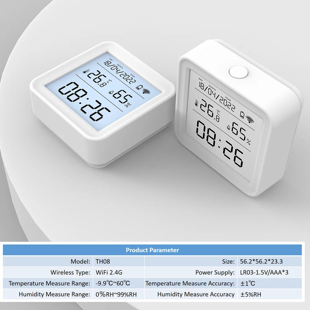 Compact WiFi temperature and humidity sensor for home comfort monitoring in bedrooms, offices, nurseries, and living spaces.