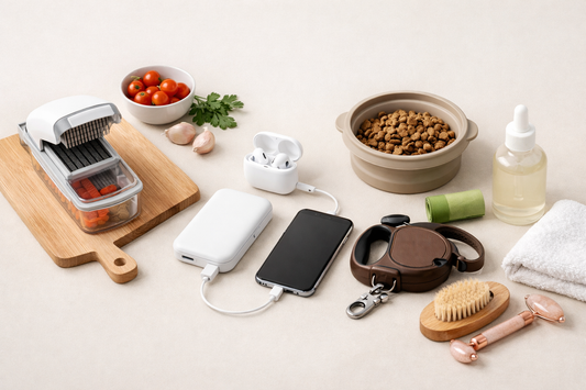 Birchstone Market everyday product collection featuring home, kitchen, tech, pet care, wellness, and self-care items on a neutral background.