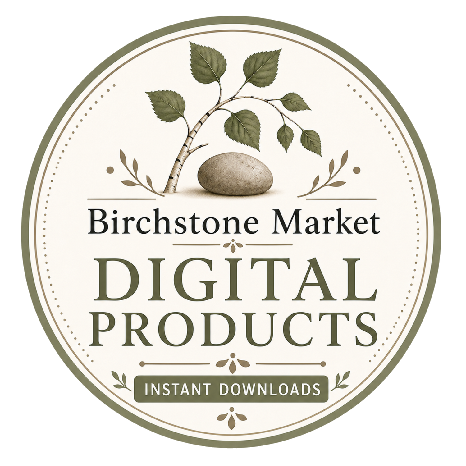 Digital Downloads collection banner by Birchstone Market showing Shopify guide, business planner, daily planner, profit tracker, social media templates, checklist, and content idea resources for instant download.