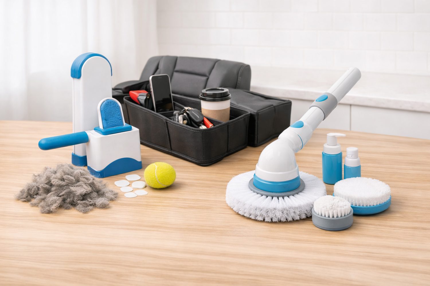 Collection banner showing best-selling everyday products, including a pet hair remover, car organizer, and electric spin scrubber.
