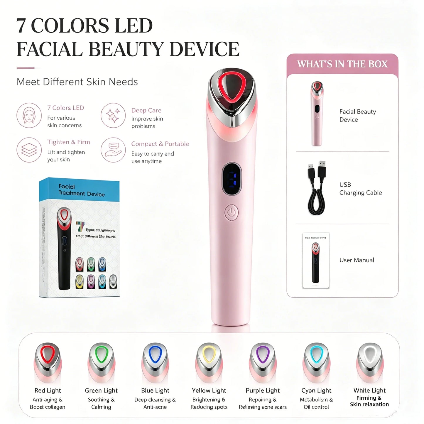 7-Color LED Facial Massager Beauty Device – Pink Gift Box