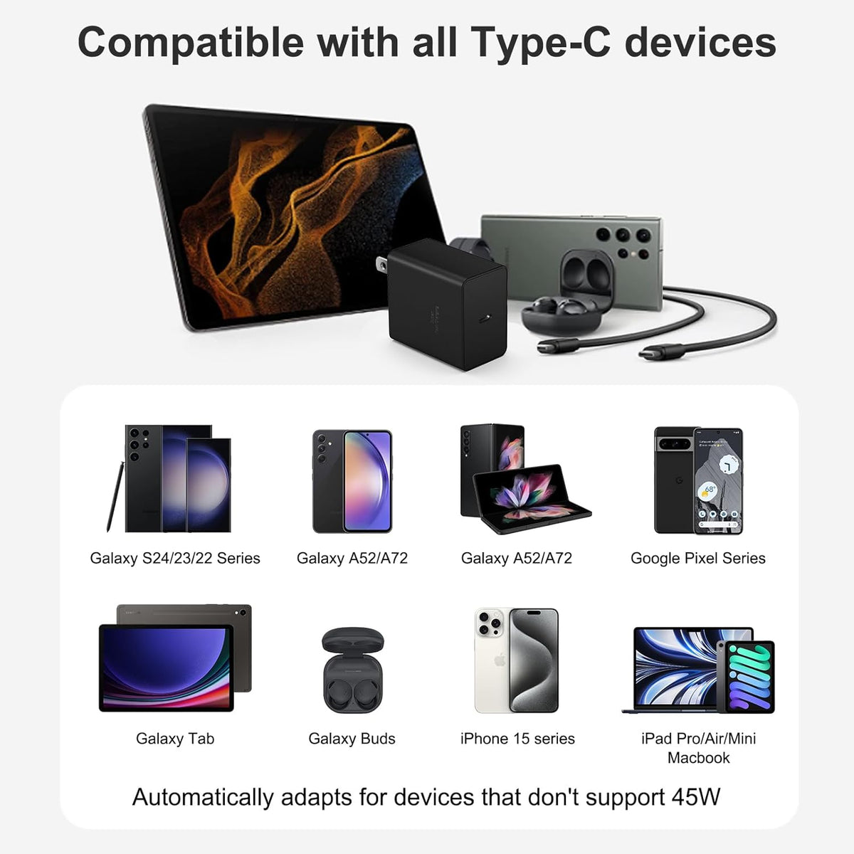 45 W Type C Charger Fast Charging,2Pack USB C Fast Charger Adapter & 10FT Long USB C to USB C Cable,45W USB C Android Phone Charger for Galaxy S24/S23/S22 Ultra/Plus/Note 20/S20/S21(Black)