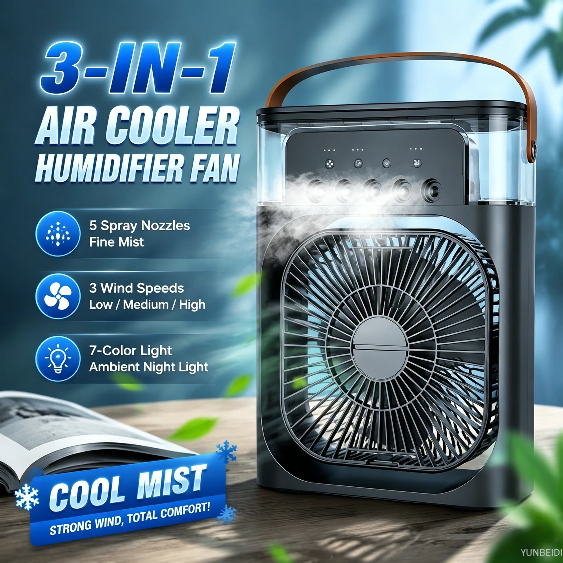 Portable 3-in-1 Cooling Mist Fan with LED Night Light