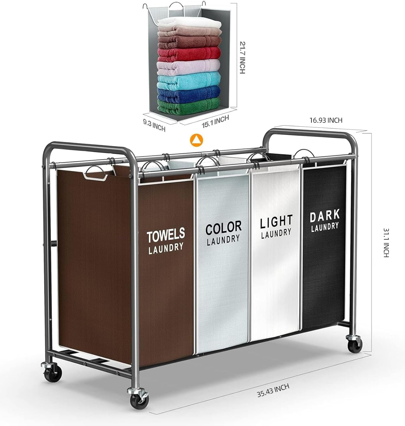 Laundry Hamper Sorter Cart: 4-Section Organizer with Heavy-Duty Lockable Wheels and Removable Bags | 180L Rolling Laundry Basket for Dirty Clothes in Laundry Room or Small Spaces (Multicolor)