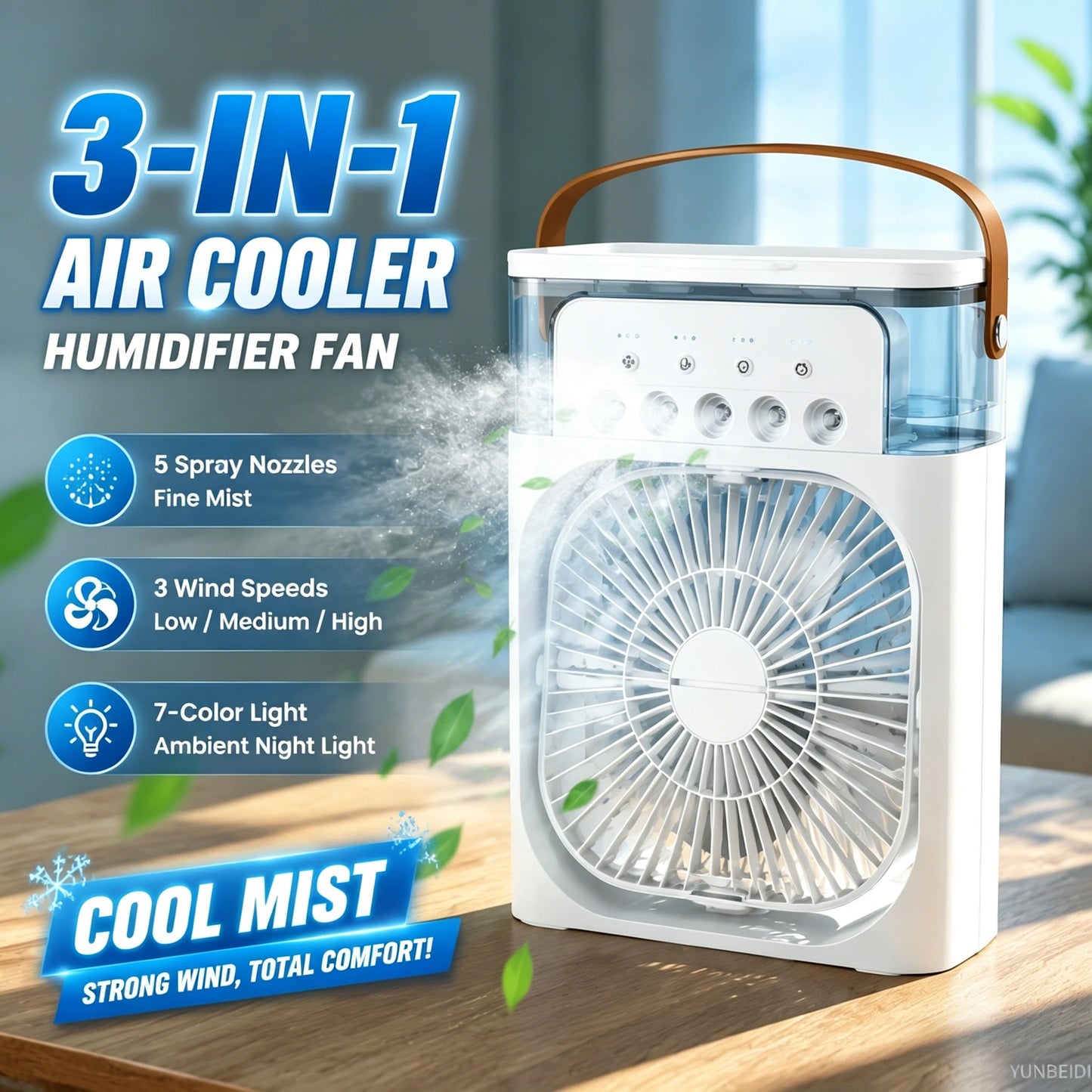 Portable 3-in-1 Cooling Mist Fan with LED Night Light
