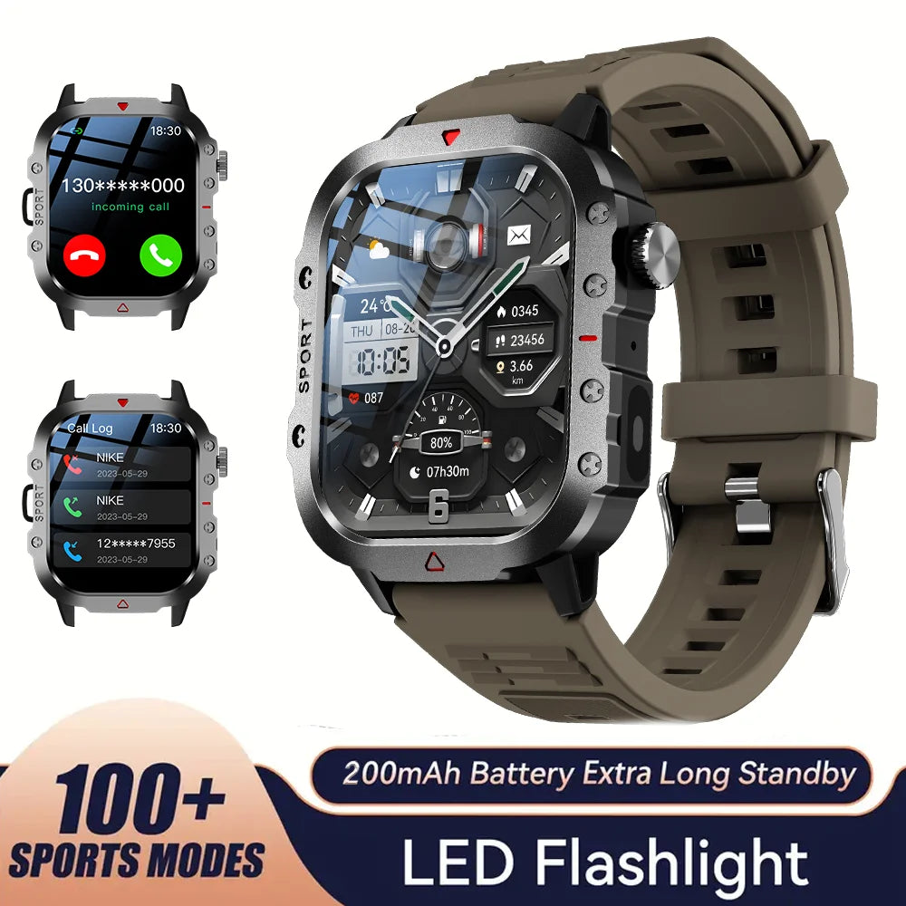 Sports Smart Watch Men'S Outdoor Sports Fitness Tracker Health Monitor LED Flashlight 2.01” Bluetooth Talk Smart Watch