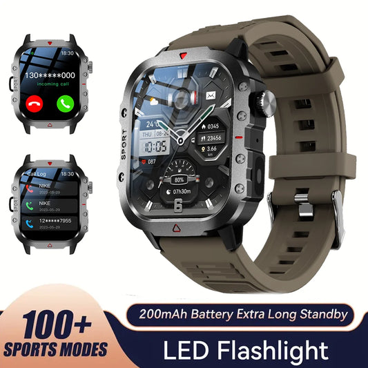 Sports Smart Watch Men'S Outdoor Sports Fitness Tracker Health Monitor LED Flashlight 2.01” Bluetooth Talk Smart Watch