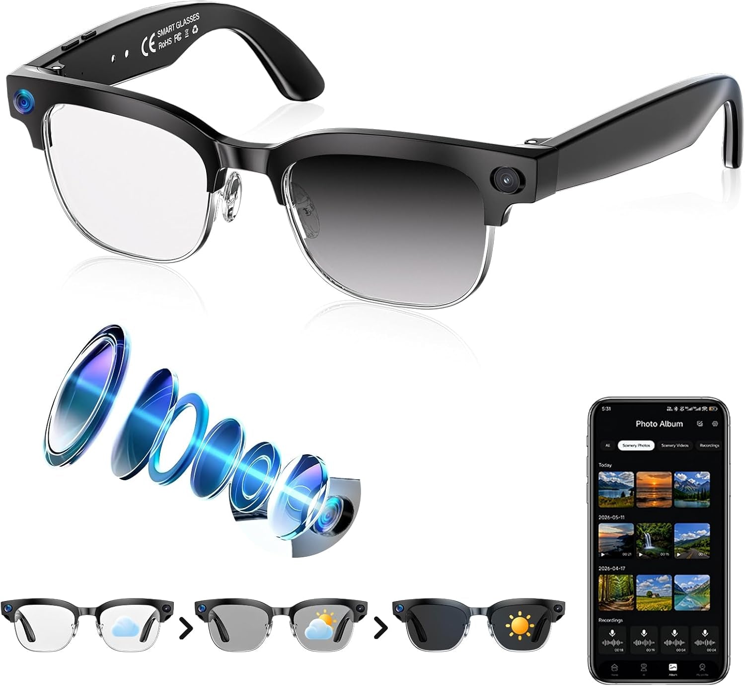 SGUKZF AI Smart Glasses with 4K Camera & Bluetooth Audio