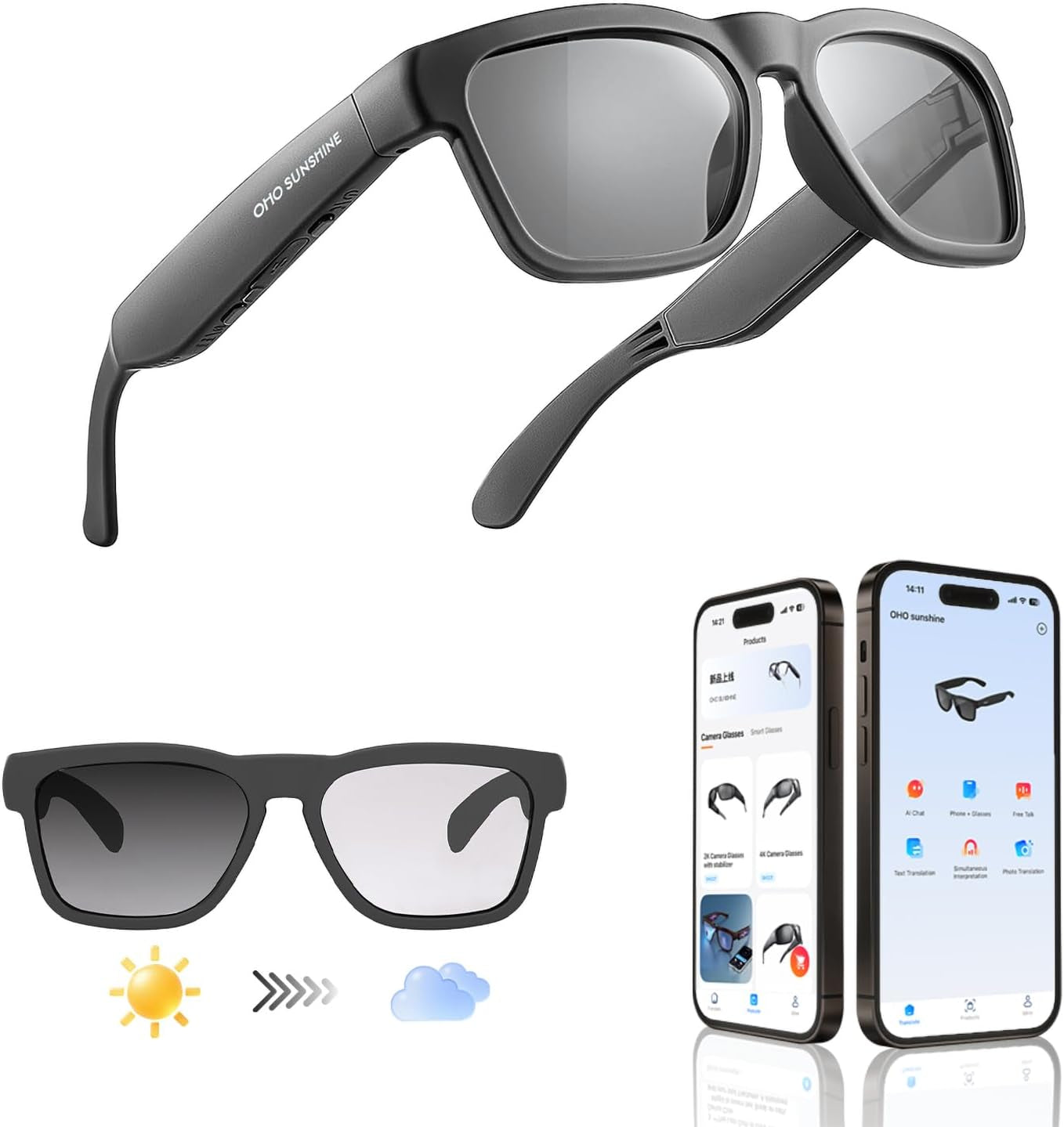 OhO Sunshine Bluetooth Audio Sunglasses – Open Ear Sport Glasses