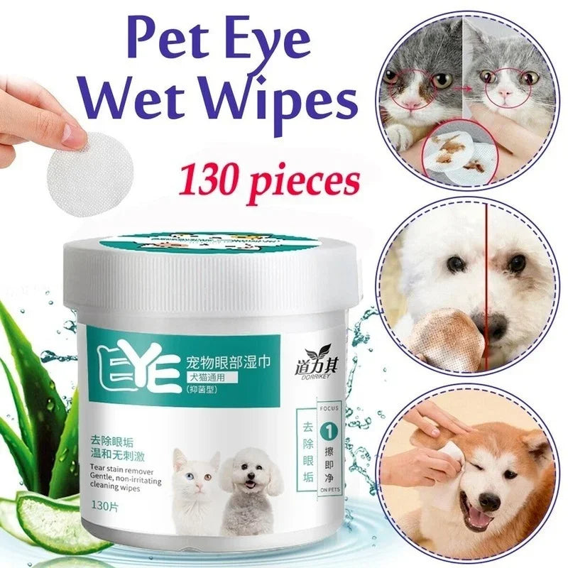 130Pcs/Set Pet Eye Wipes Dog and Cat Cleaning Wipes Pet Eye Wipes Grooming Tear Stain Remover Gentle Non-Foaming Wipes Towels