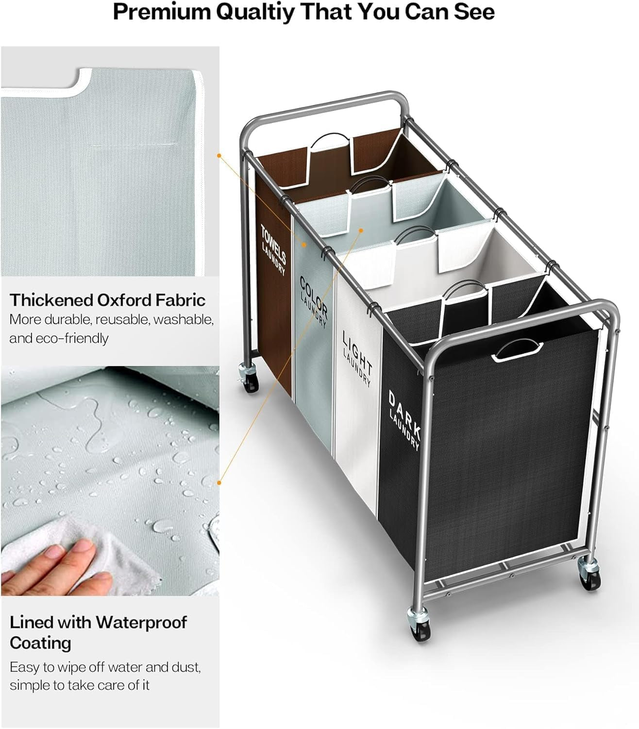 Laundry Hamper Sorter Cart: 4-Section Organizer with Heavy-Duty Lockable Wheels and Removable Bags | 180L Rolling Laundry Basket for Dirty Clothes in Laundry Room or Small Spaces (Multicolor)