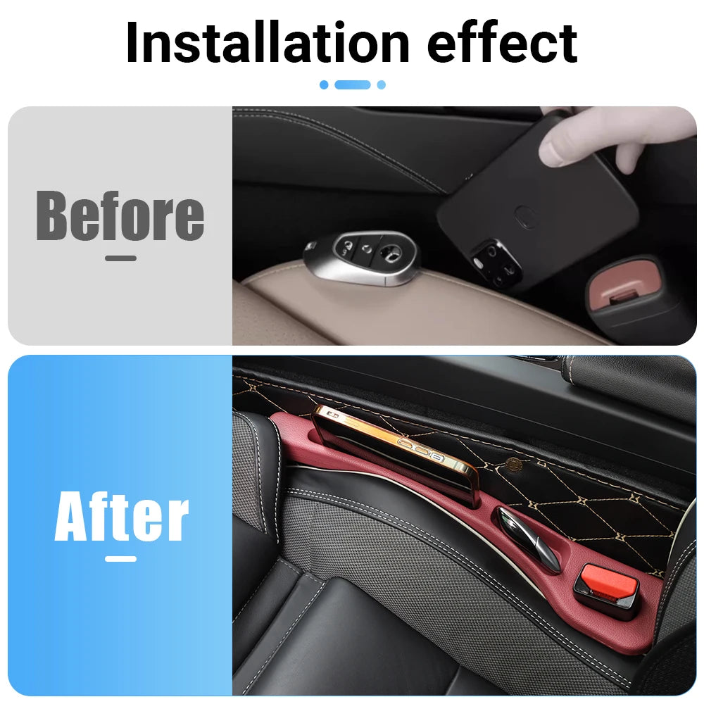 Two-piece car seat gap filler strip set for vehicle interior before and after
