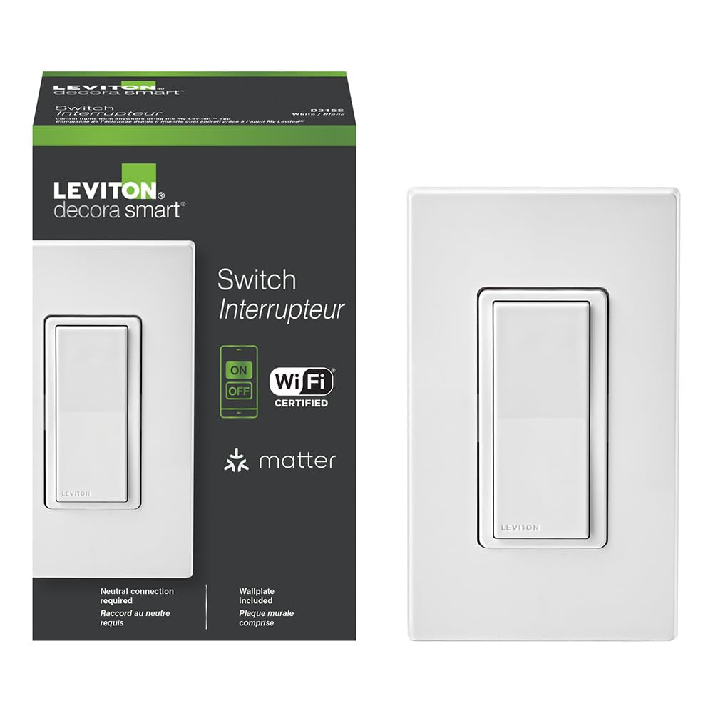 Decora Smart Switch, Wi-Fi, Works with Matter, Alexa, Google Assistant, Apple Home/Siri & Wired or Wirefree 3-Way, Neutral Wire Required, D315S-1RW, White