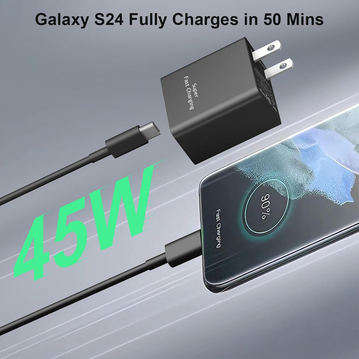 45 W Type C Charger Fast Charging,2Pack USB C Fast Charger Adapter & 10FT Long USB C to USB C Cable,45W USB C Android Phone Charger for Galaxy S24/S23/S22 Ultra/Plus/Note 20/S20/S21(Black)