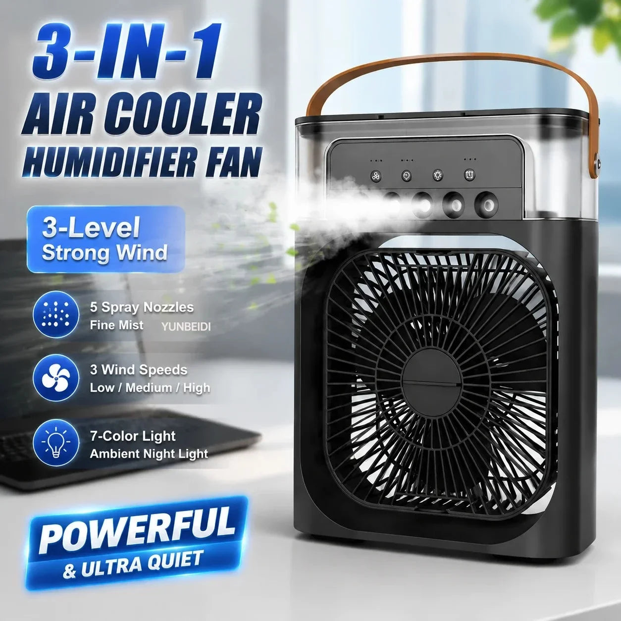 Portable 3-in-1 Cooling Mist Fan with LED Night Light