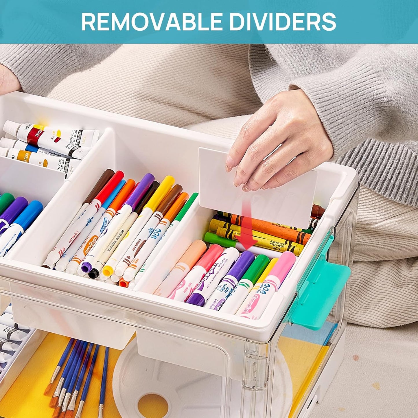 24 QT Clear Craft Organizer with Removable Tray & Dividers, 1 Pack | Storage Box for Coloring Books, Modeling Clay, Molds and Art Supplies, Keeps Craft Materials Organized and Easy to Access