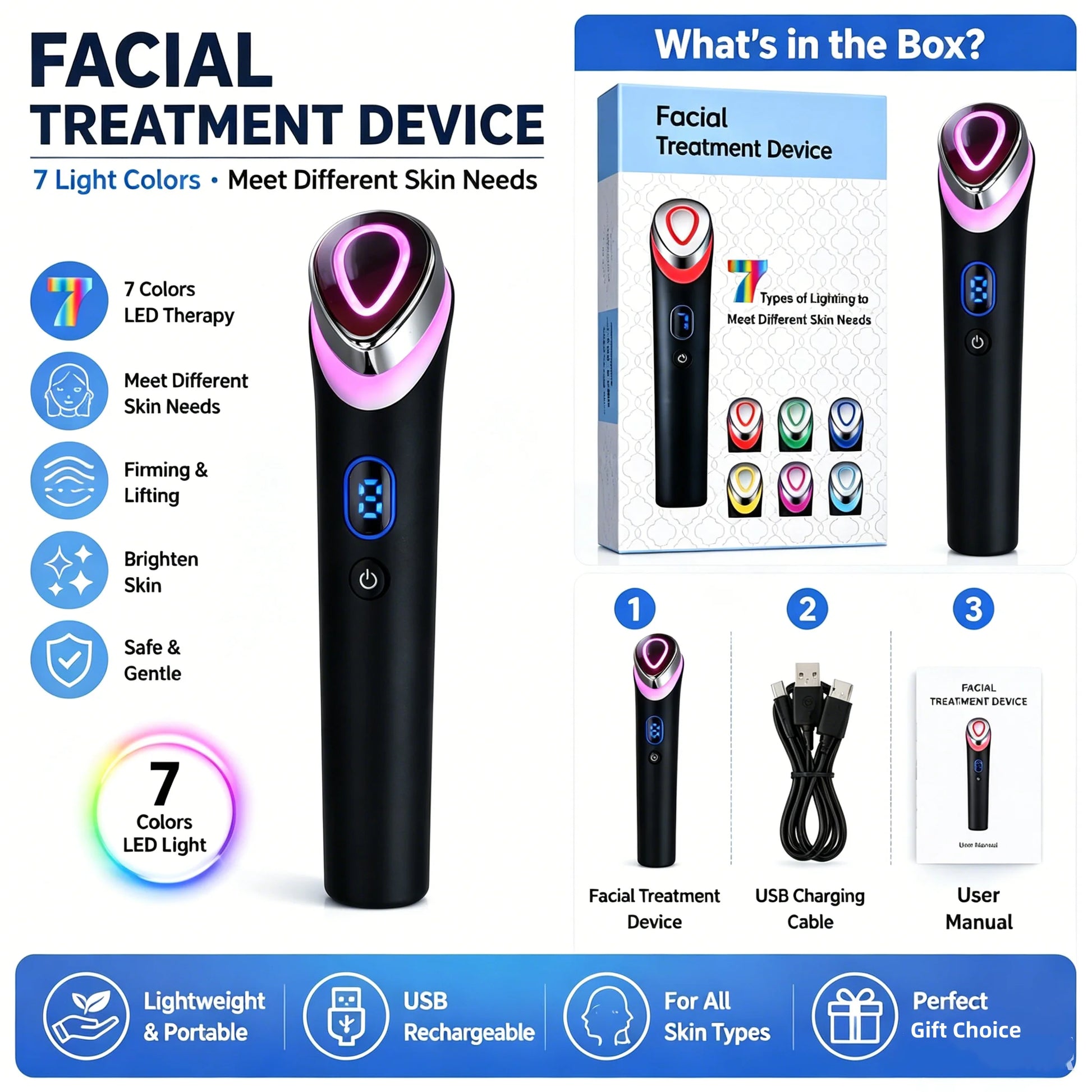7-Color LED Facial Massager Beauty Device – Pink Gift Box
