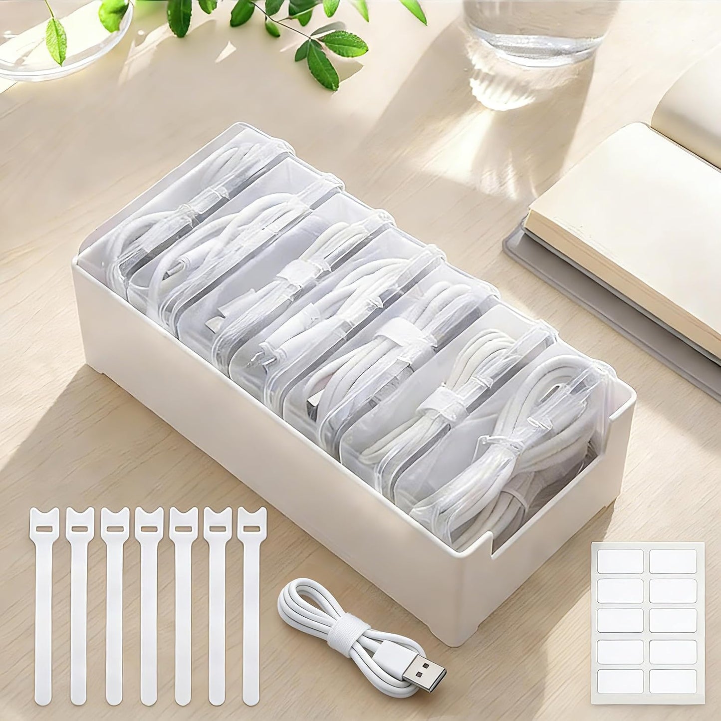 Cable Organizer Storage Box with 7 Wire Ties and Label Stickers,Desktop Cable Management Box with Switch, Power Cord Organizer for Office,Home,Desk Accessories Storage Stationery Supplies（Clear）