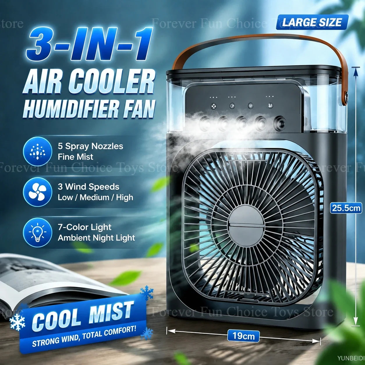 Portable 3-in-1 Cooling Mist Fan with LED Night Light