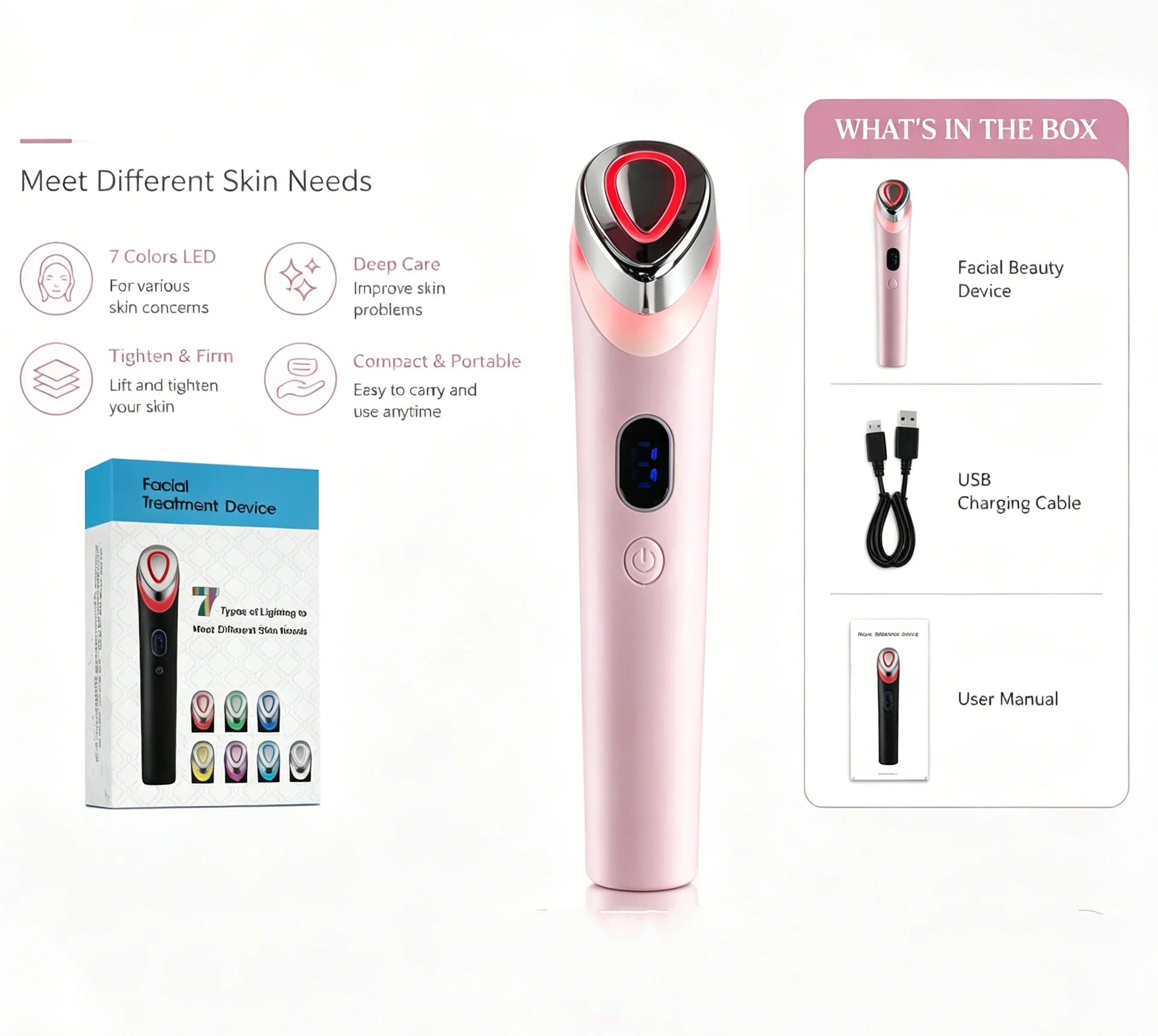 7-Color LED Facial Massager Beauty Device – Pink Gift Box