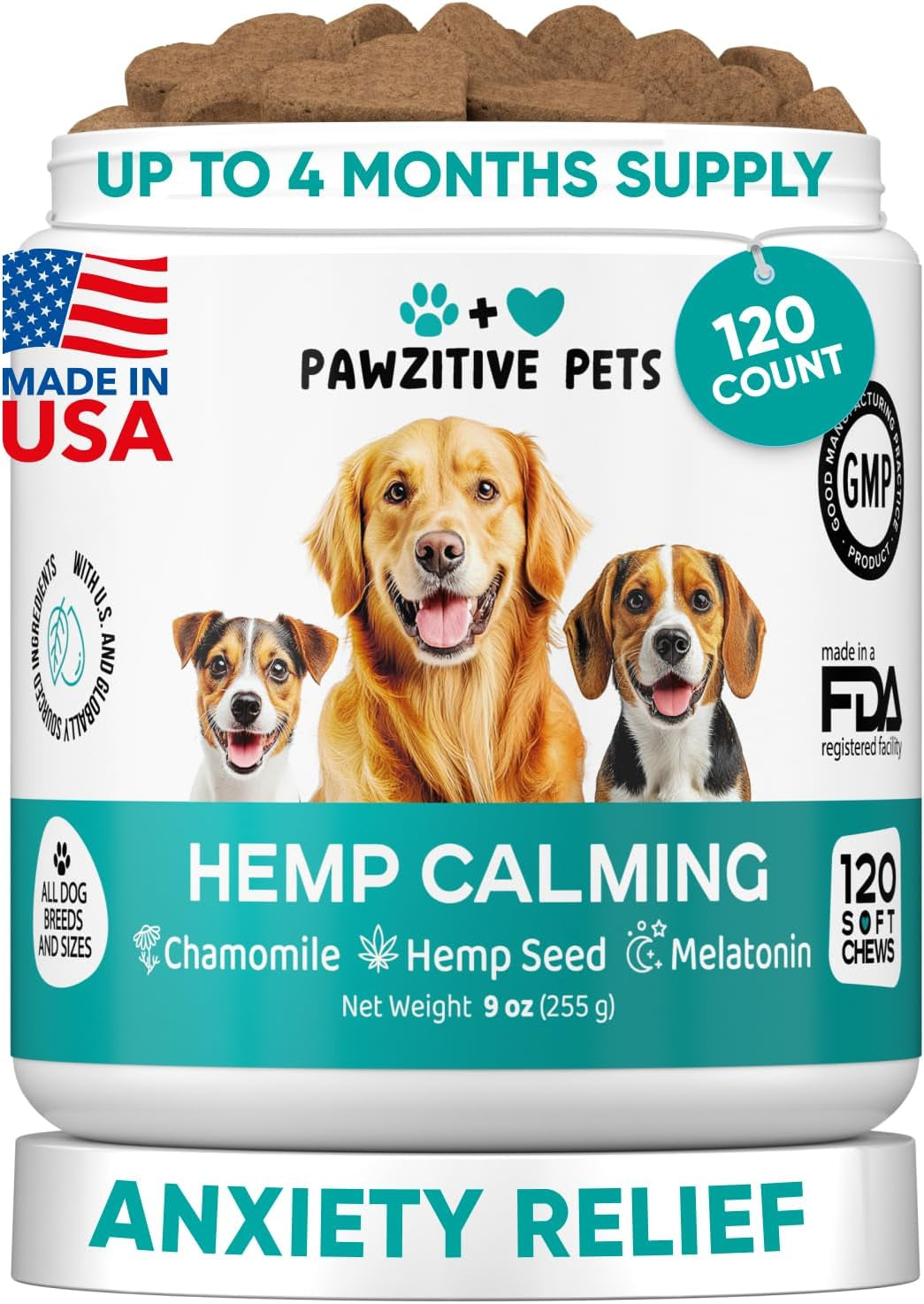 Pawzitive Pets Hemp Calming Chews for Dogs – 120 Soft Treats