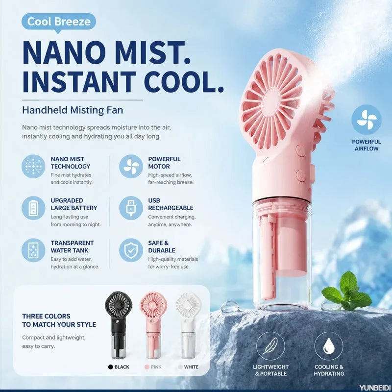 Portable 3-in-1 Cooling Mist Fan with LED Night Light