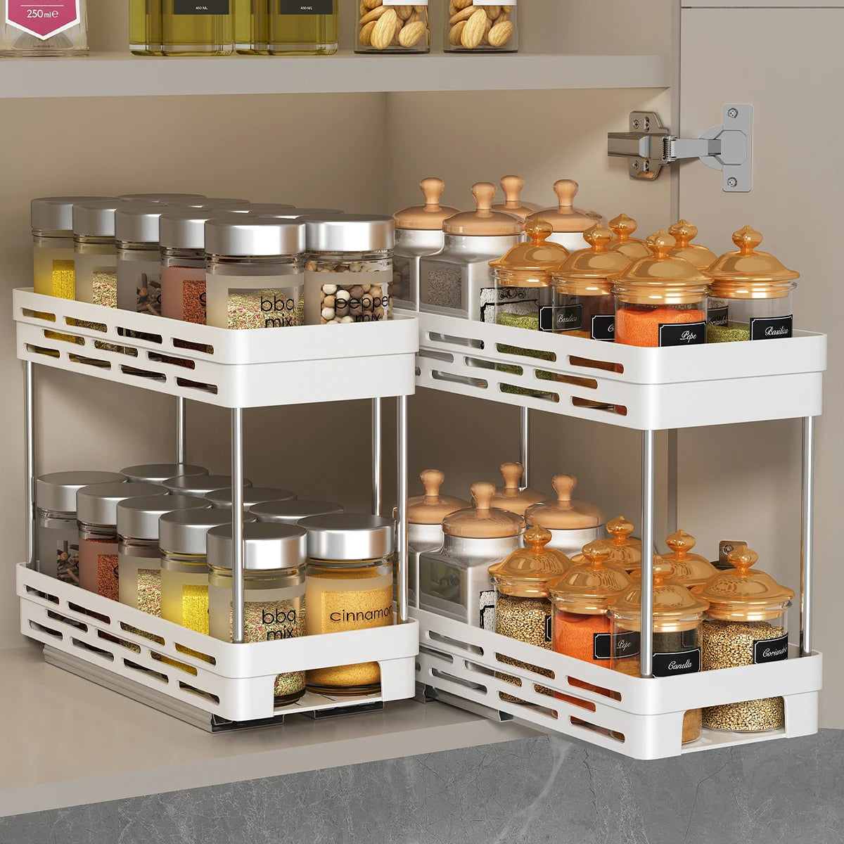 Large Capacity Seasoning Spcie Jar Racks Pull-Out 2 Layers Plastic Storage Rack Multi-Purpose Kitchen Organizer Cabinet Shelf