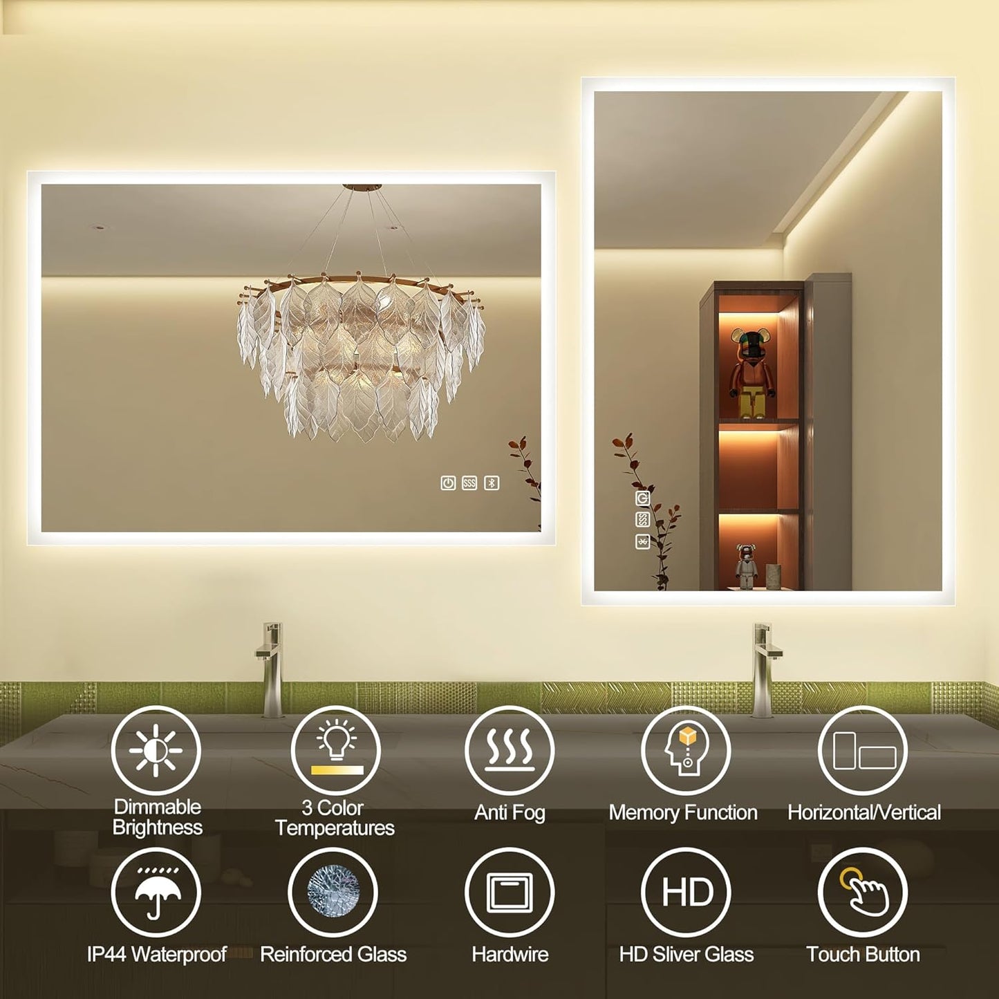 LED Bathroom Mirror with Bluetooth Speaker Anti-Fog Dimmable