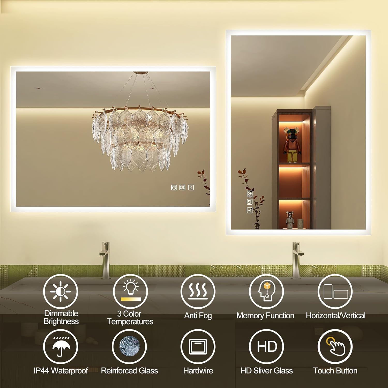 LED Bathroom Mirror with Bluetooth Speaker Anti-Fog Dimmable