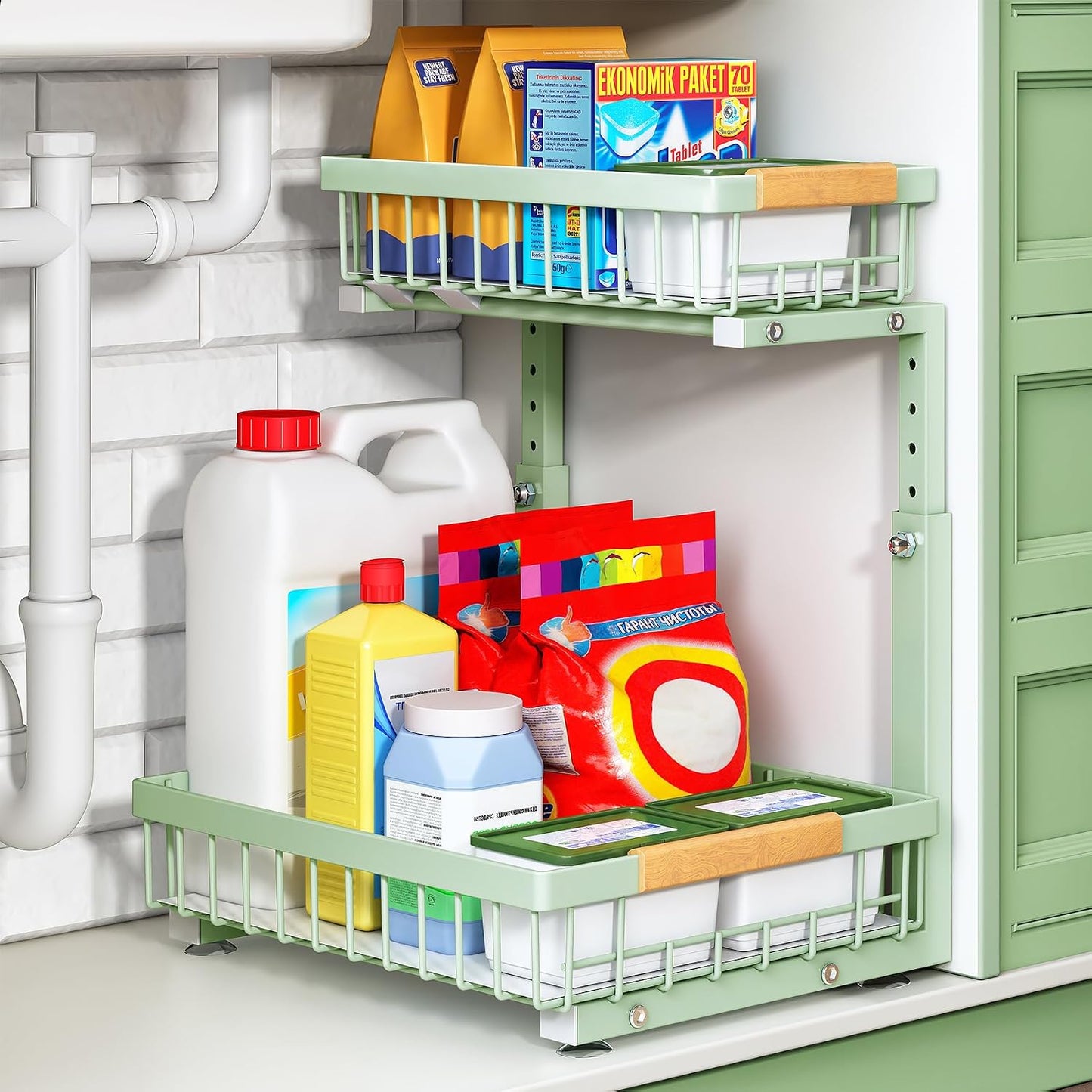 under Sink Organizer, 2 Tier under the Sink Storage, Slide Out Pull Out Cabinet Organizer Shelf, Metal Sliding Drawer for Kitchen Bathroom Pantry Closet Organization Rack, Black, 2 Pack