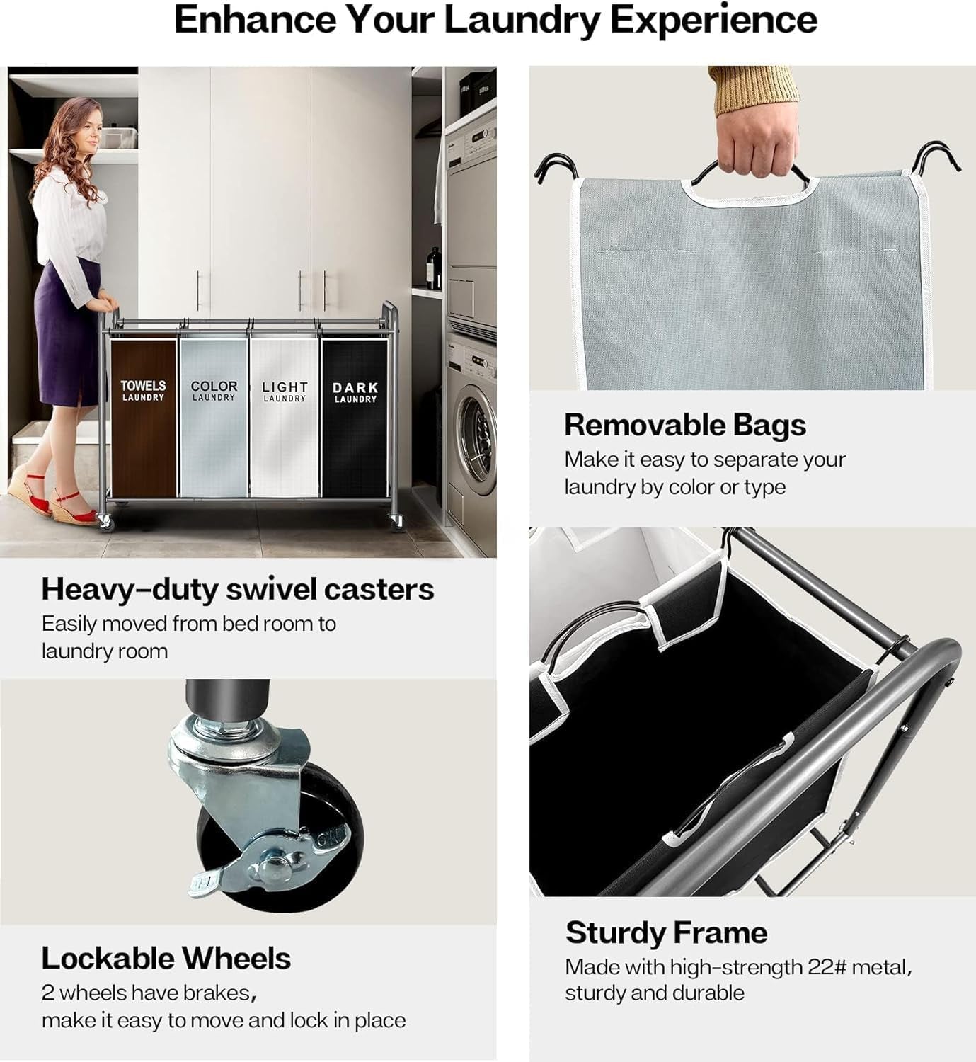 Laundry Hamper Sorter Cart: 4-Section Organizer with Heavy-Duty Lockable Wheels and Removable Bags | 180L Rolling Laundry Basket for Dirty Clothes in Laundry Room or Small Spaces (Multicolor)