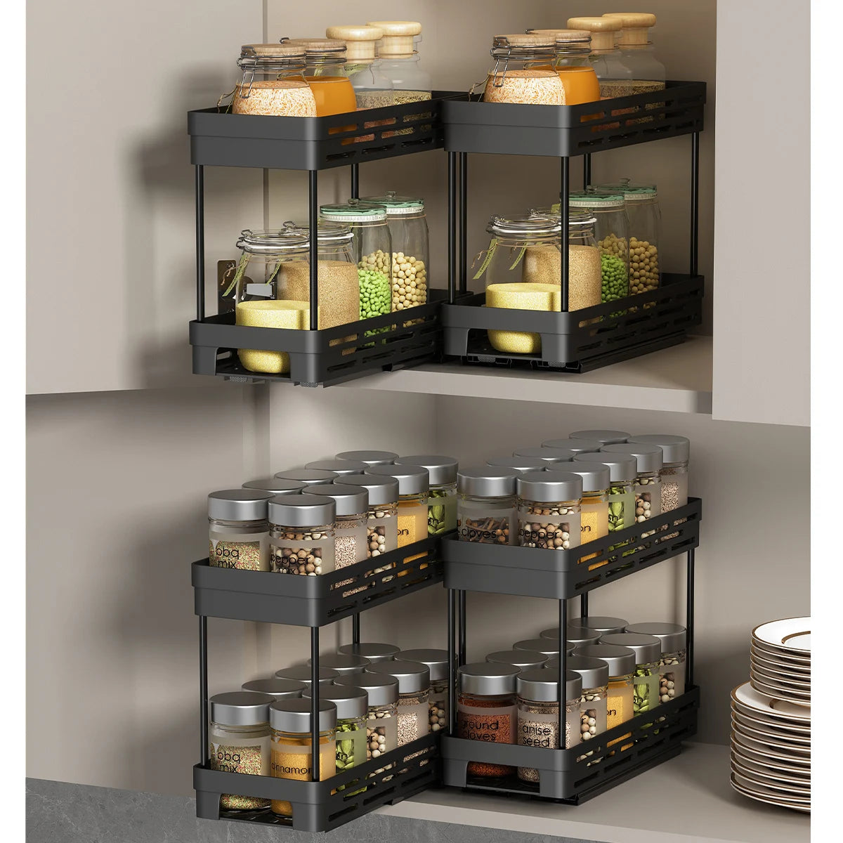 Large Capacity Seasoning Spcie Jar Racks Pull-Out 2 Layers Plastic Storage Rack Multi-Purpose Kitchen Organizer Cabinet Shelf