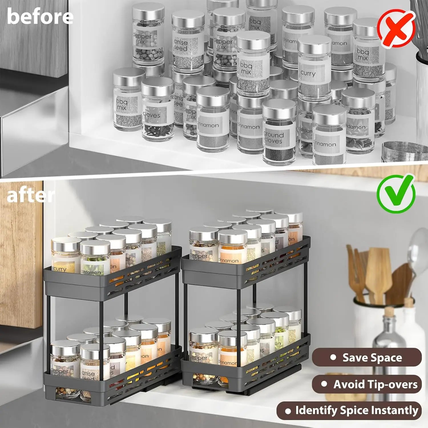 Large Capacity Seasoning Spcie Jar Racks Pull-Out 2 Layers Plastic Storage Rack Multi-Purpose Kitchen Organizer Cabinet Shelf
