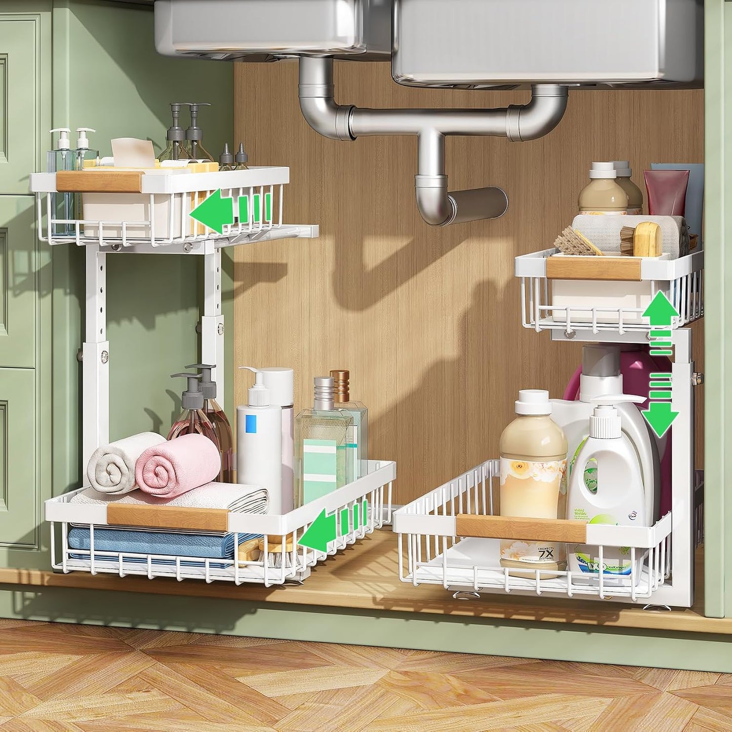 under Sink Organizer, 2 Tier under the Sink Storage, Slide Out Pull Out Cabinet Organizer Shelf, Metal Sliding Drawer for Kitchen Bathroom Pantry Closet Organization Rack, Black, 2 Pack