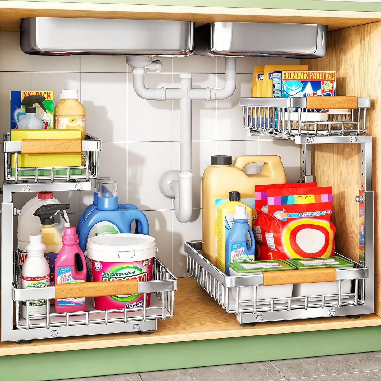 under Sink Organizer, 2 Tier under the Sink Storage, Slide Out Pull Out Cabinet Organizer Shelf, Metal Sliding Drawer for Kitchen Bathroom Pantry Closet Organization Rack, Black, 2 Pack