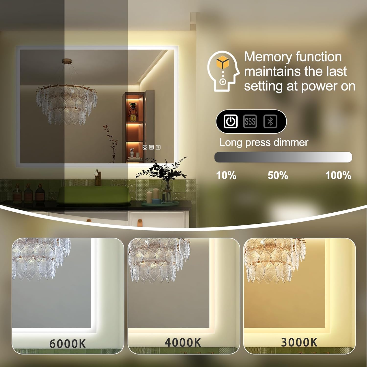 LED Bathroom Mirror with Bluetooth Speaker Anti-Fog Dimmable
