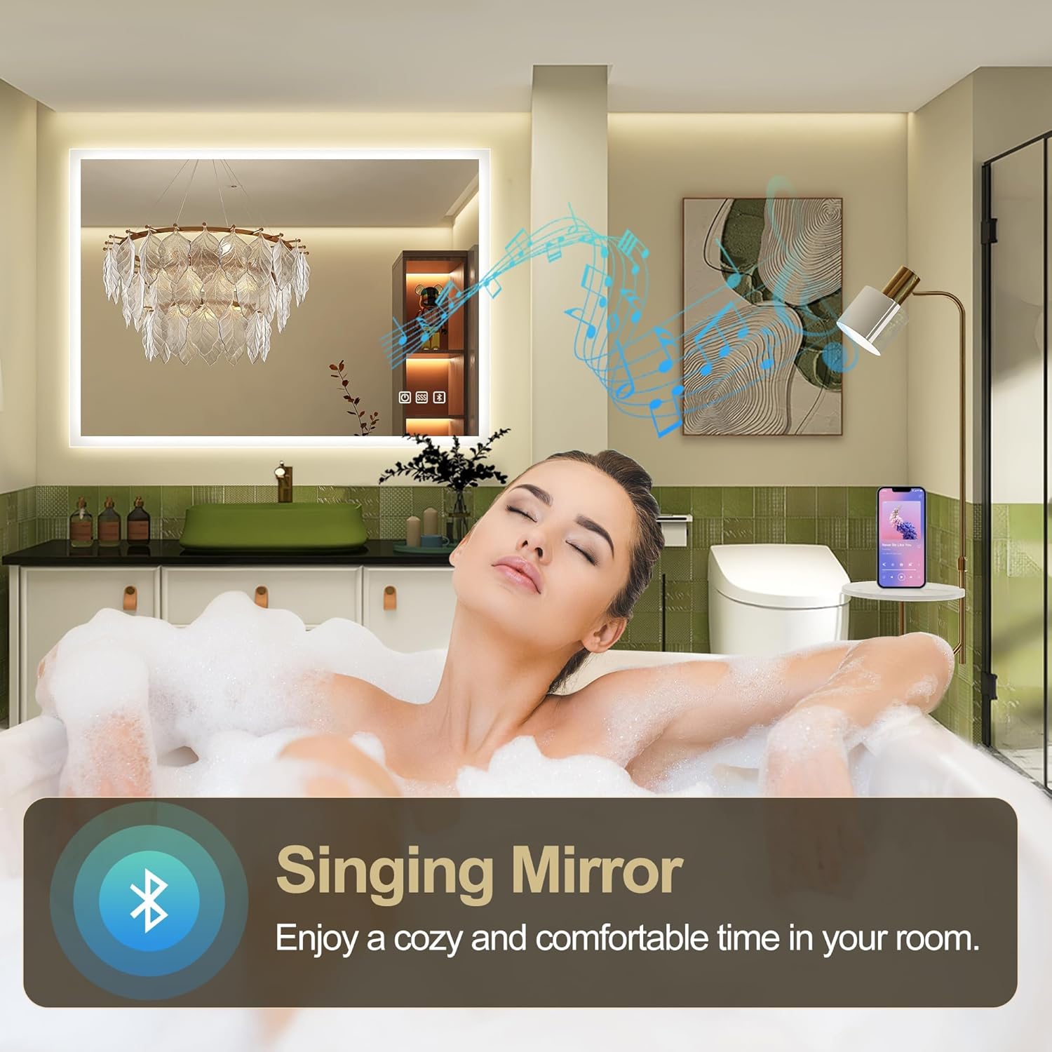 LED Bathroom Mirror with Bluetooth Speaker Anti-Fog Dimmable