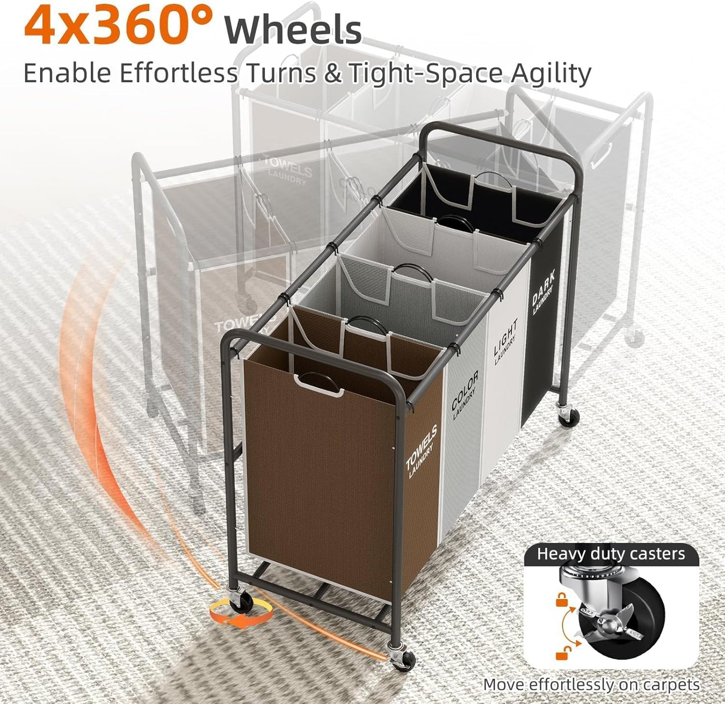 Laundry Hamper Sorter Cart: 4-Section Organizer with Heavy-Duty Lockable Wheels and Removable Bags | 180L Rolling Laundry Basket for Dirty Clothes in Laundry Room or Small Spaces (Multicolor)