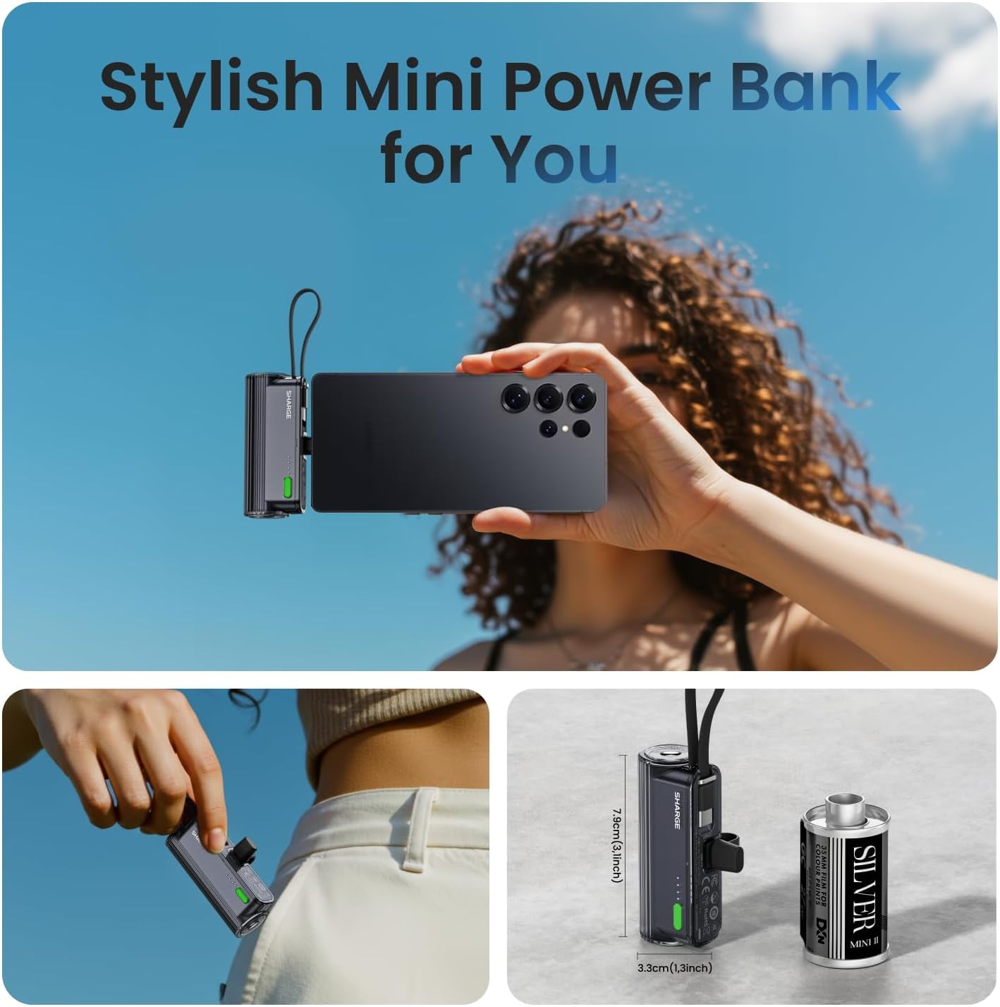 SHARGE Retractable 3-in-1 10000mAh Power Bank with USB-C Cable