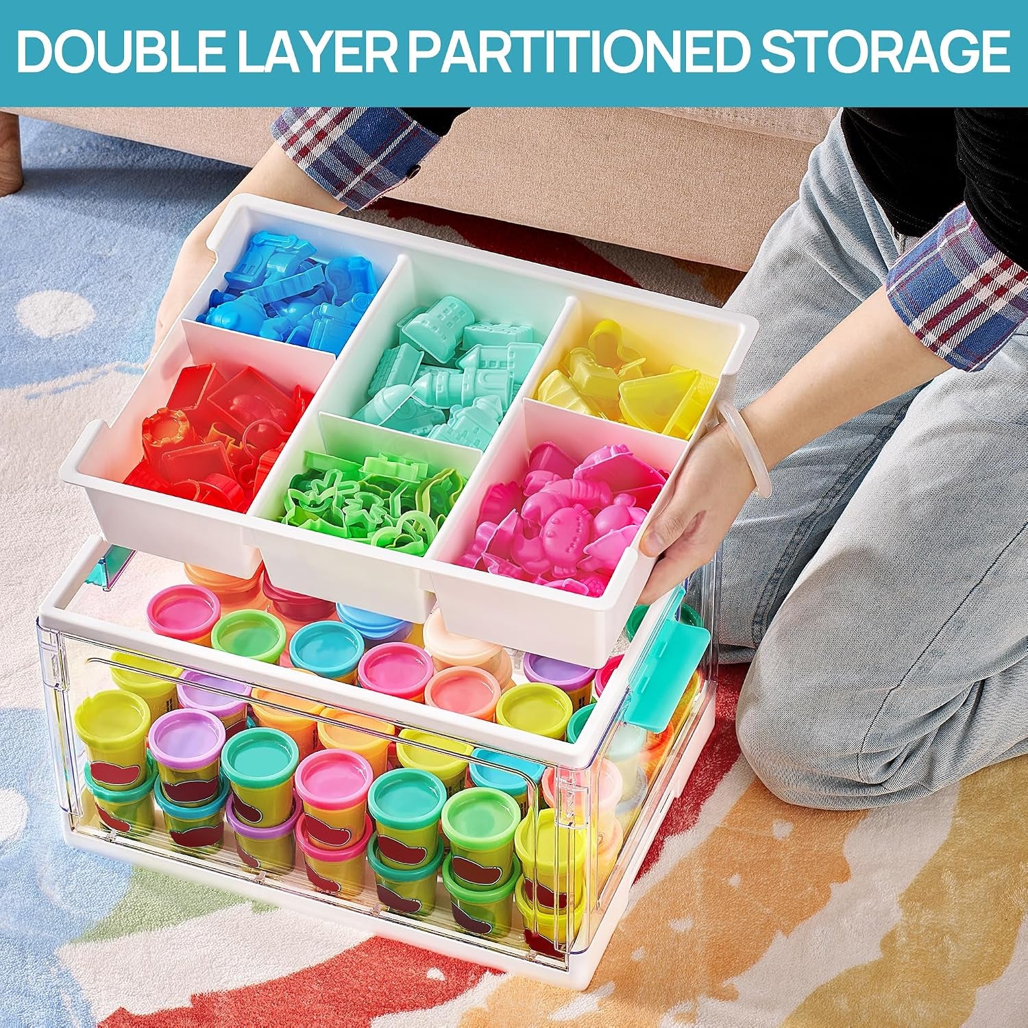24 QT Clear Craft Organizer with Removable Tray & Dividers, 1 Pack | Storage Box for Coloring Books, Modeling Clay, Molds and Art Supplies, Keeps Craft Materials Organized and Easy to Access