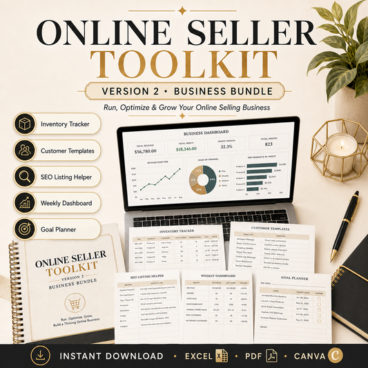Online Seller Toolkit for business optimization with laptop, documents, and decorative items.