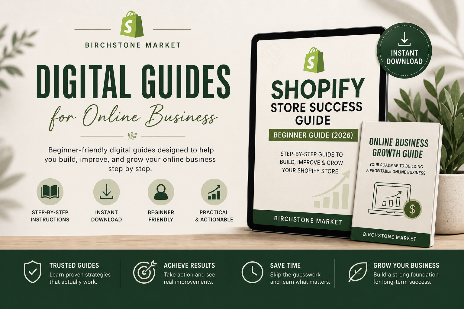 Shopify Store Success Guide mockup shown as a book, tablet, and digital download for beginner Shopify store owners wanting practical store setup help.