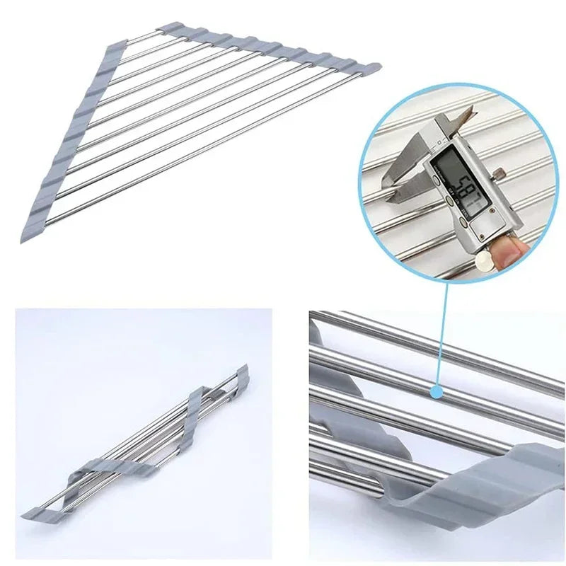 Roll up Triangle Dish Drying Rack Kitchen Sink Organizer Corner over the Sink Sponge Rag Holder Foldable Stainless Steel Drainer