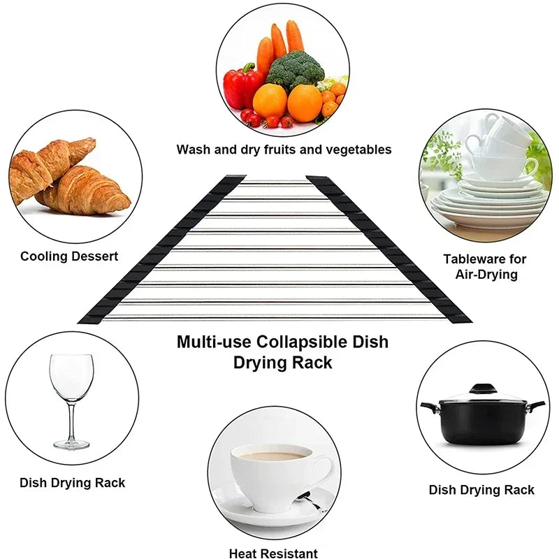 Roll up Triangle Dish Drying Rack Kitchen Sink Organizer Corner over the Sink Sponge Rag Holder Foldable Stainless Steel Drainer