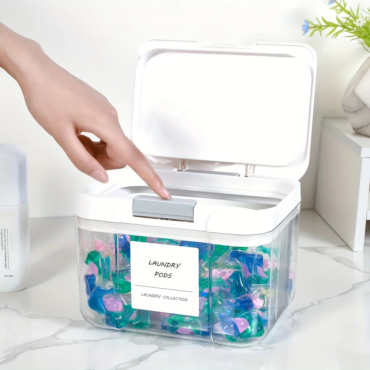 Laundry Pod Holder with Lid Laundry Pod Container,Sealed and Automatic Pop-Up, Large Capacity Holds Laundry Pods Organizer Box