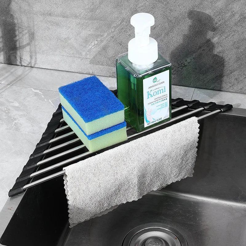 Roll up Triangle Dish Drying Rack Kitchen Sink Organizer Corner over the Sink Sponge Rag Holder Foldable Stainless Steel Drainer