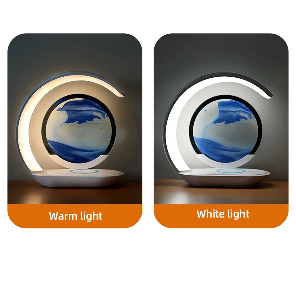 Quicksand Table Lamp with USB Wireless Charging - 3D Hourglass Design Sand Painting Night Light for Office Decor