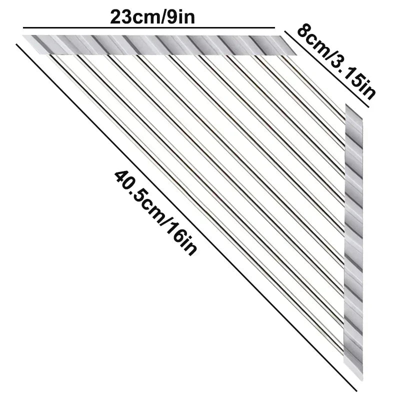 Roll up Triangle Dish Drying Rack Kitchen Sink Organizer Corner over the Sink Sponge Rag Holder Foldable Stainless Steel Drainer